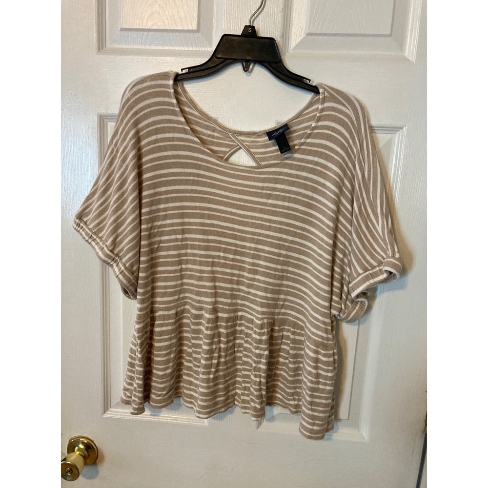 Daytrip Womens Large Tan White Striped Open Back Peplum Knit Top Short Sleeve